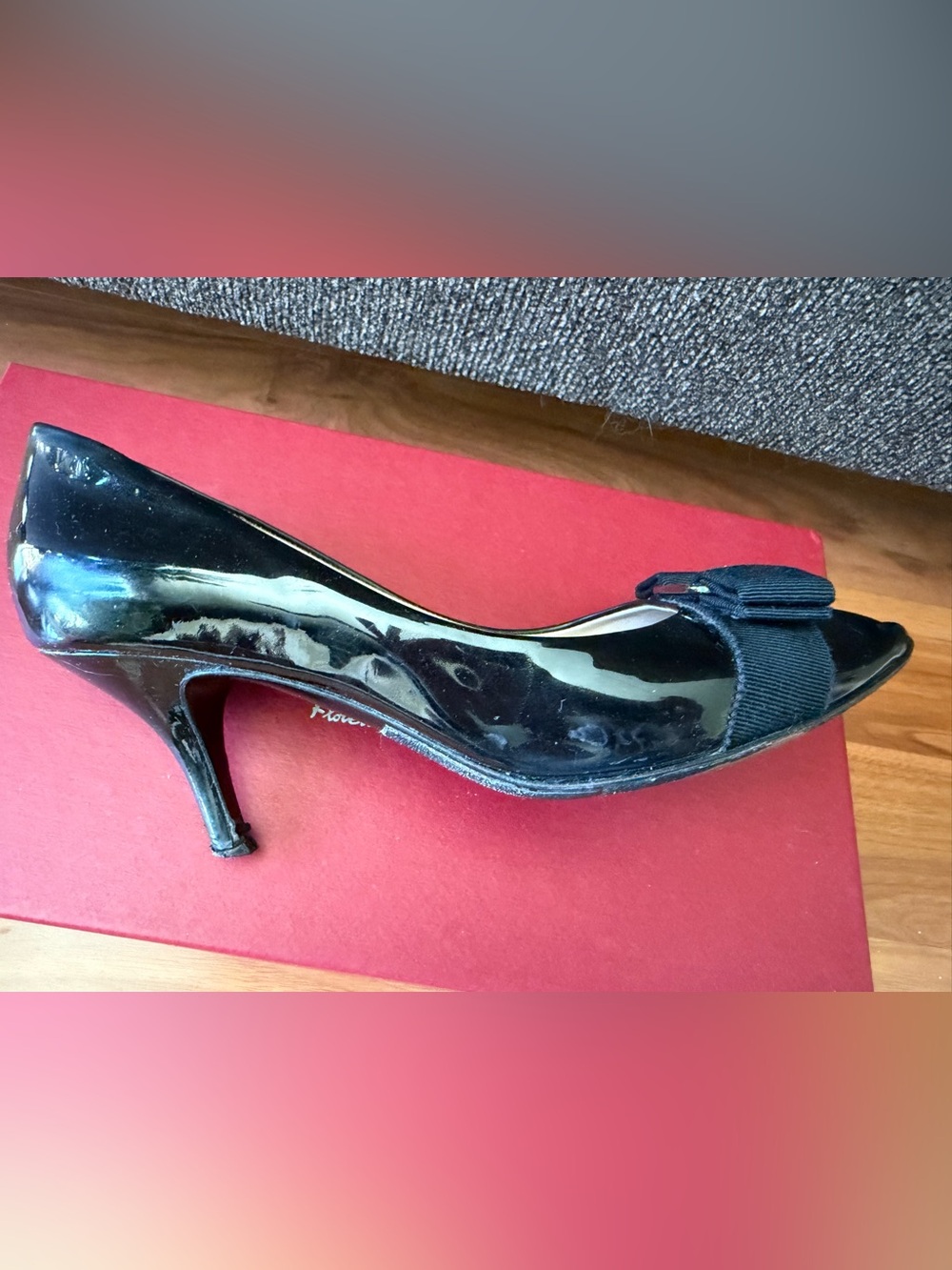 Salvatore Ferragamo Black Patent Peep-Toe Pumps with Bow size 7B - Picture 9 of 16